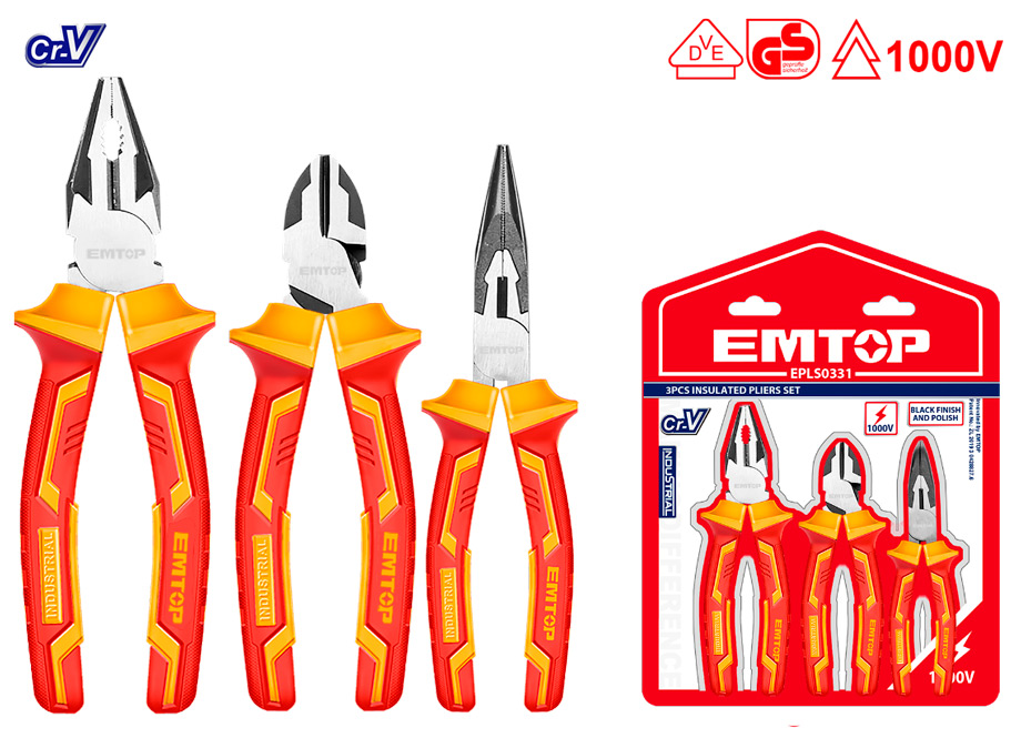JUEGO 3 ALICATES AISLANTES ELECTRICISTA 1000V - EMTOP